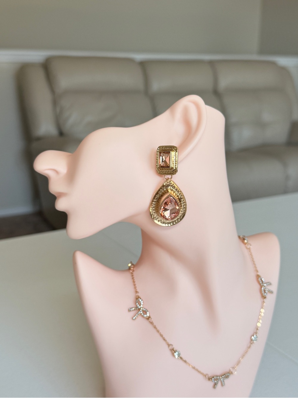 Bohemian Chunky Gold-Tone Earrings With Champagne Pink Crystals